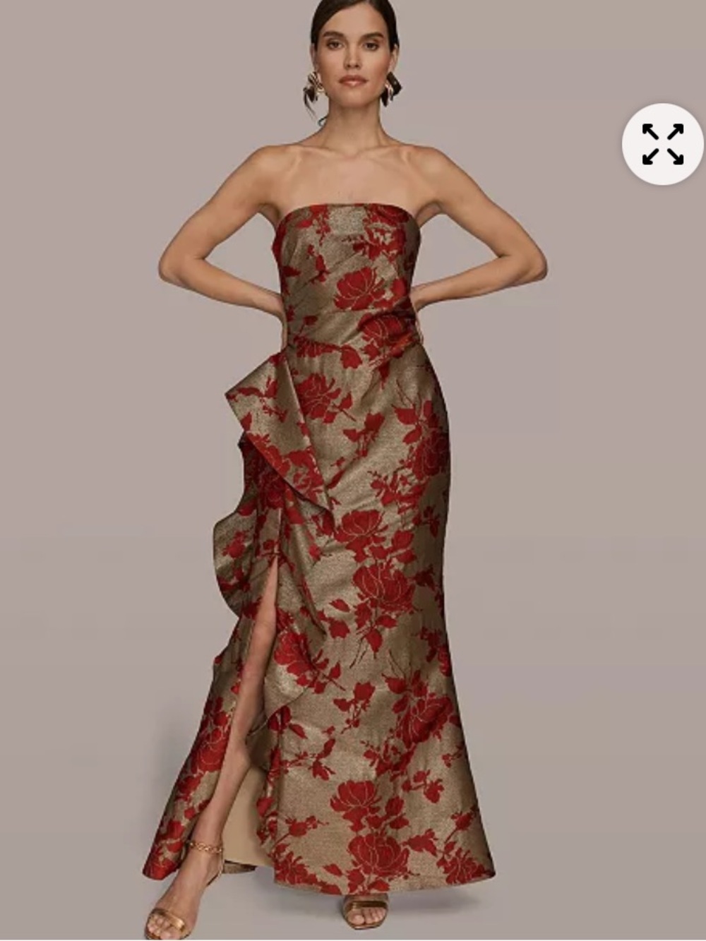 NWT Donna Karan Floral-Jacquard Strapless Gown Red Gold Ruffle Evening Dress 6